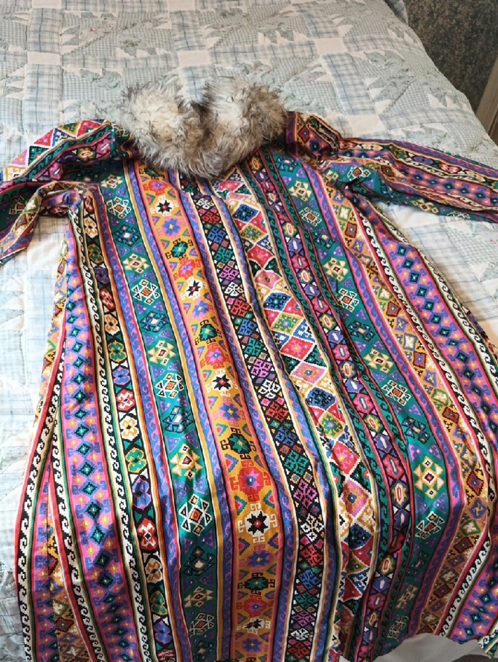Bohemian Multi-Color Floor Length Housecoat Style Duster with Faux Fur Collar
